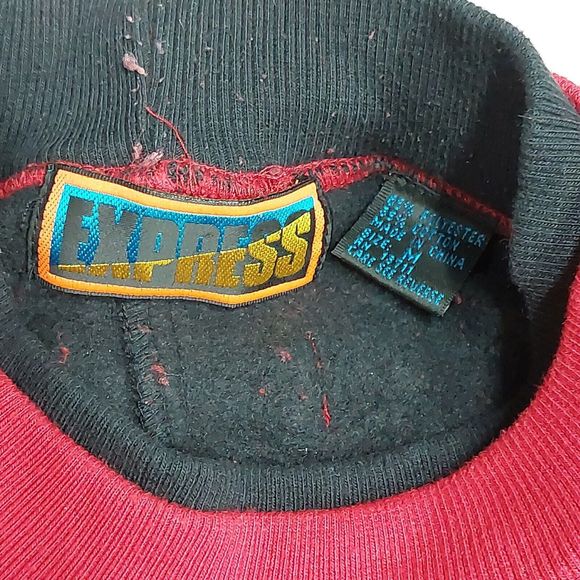 Vintage 90s Express Red & Black Striped Pocket Crewneck Sweatshirt Size Medium - Picture 3 of 7
